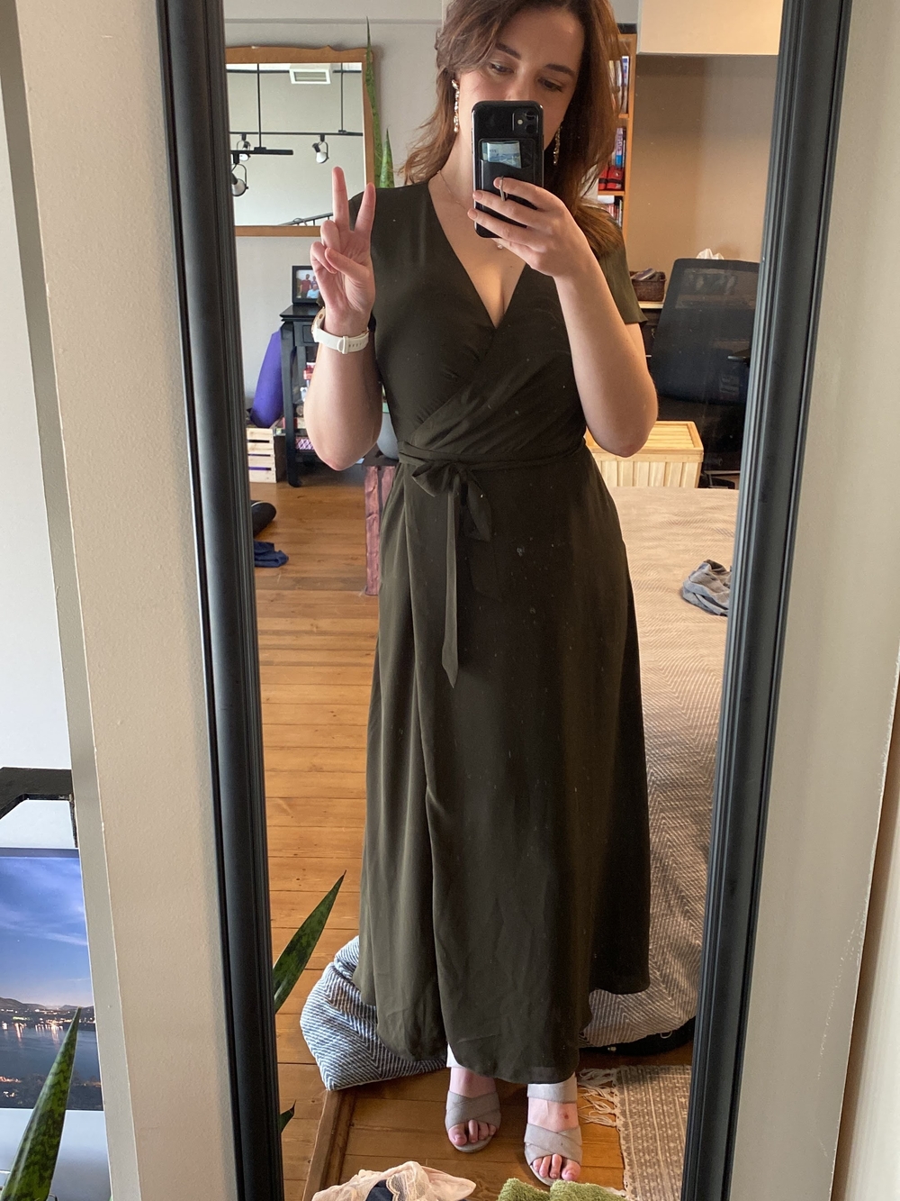 Women's Olive Wrap Maxi Dress with Tie Waist